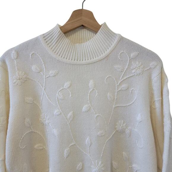 Vintage Floral Embroidered Knit Cowl Turtle Neck Pullover Long Sleeve Sweater - Picture 3 of 8